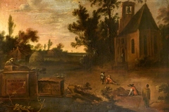 A Wooded Landscape with a Churchyard and Gravediggers by Anonymous