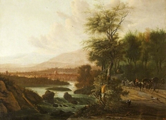 A Wooded River Landscape with a Coach and Figures on a Road