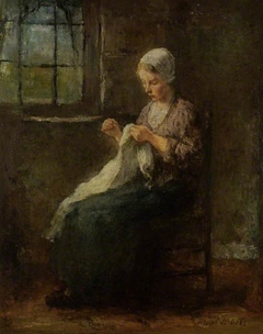 A young girl sewing, seated at a window by Jozef Israëls