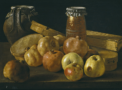 Bodegón con granadas y manzanas cajas de dulces y otros recipientes