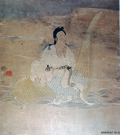 Bodhisattva Guanyin Riding a White Lotus Petal by Anonymous