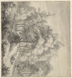 Bosgezicht met een vijver en enkele figuren by Anthonie Waterloo