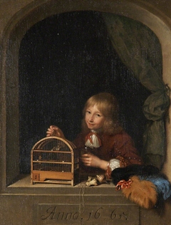 Boy leaning on a Windowsill, holding a Birdcage by Caspar Netscher