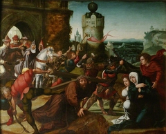 Christ Falls, with the Cross, before a City Gate (part of a triptych)