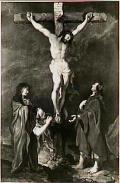 Christ on the cross addressing his mother, Saint John and Saint Mary Magdalen