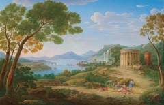 classical landscape with figures seated before a tempietto