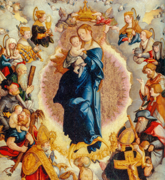 Die durch Engel bekrönte Muttergottes mit Kind im Kreise der 14 Schutzheiligen des Hauses Zimmern by Master of Meßkirch