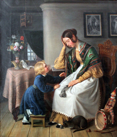 Die eingeschlafene Strickerin by Wilhelm Schumann