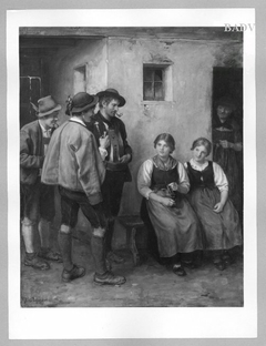 Die Unterhaltung, drei Männer, zwei Mädchen und eine alte Frau by Franz Defregger