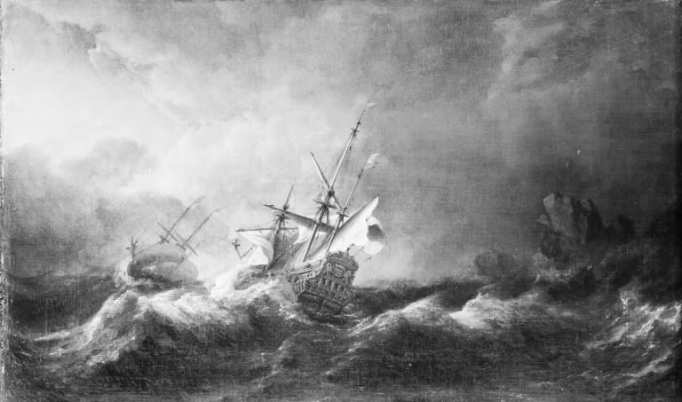 Dutch Men-of-War in a Storm off a Rocky Coast