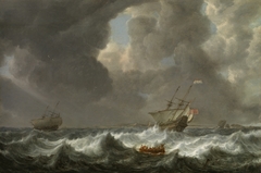 Dutch Merchantmen in Rough Seas off a Rocky Coast by Simon de Vlieger