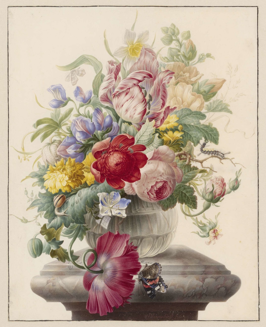 Flowers in a Glass Vase with a Butterfly