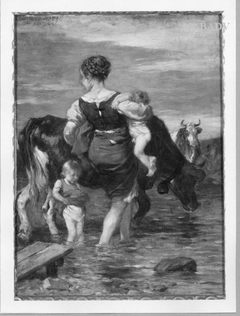 Frau mit zwei Kindern und Kühen in der Schwemme by Wilhelm von Diez