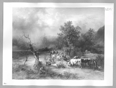 Gewitter am See mit Bauerngruppe und Vieh (bei Zell am See) by Friedrich Gauermann