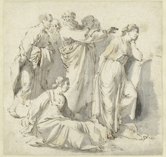 Groep mensen in antieke kledij, naar rechts kijkend by Unknown Artist