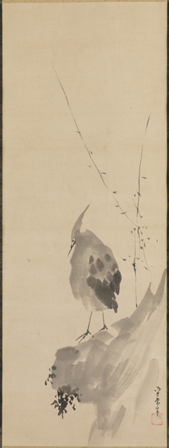 Heron on a Rock [right of a triptych of Scholar with Heron and Myna] by Kusumi Morikage