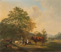 Hilly Landscape with Shepherd, Drover and Cattle by Pieter Gerardus van Os