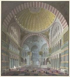 Interieur van de Aya Sophia met geknielde en wandelende Turken by George Antoine Prosper Marilhat