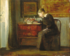Interior with the artist's wife reading a book by the window.