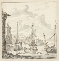 Italiaanse haven met fantasiearchitectuur by Abraham Storck
