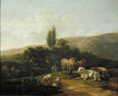 Italian Evening Landscape with Flock and Shepherd by Jacob van der Does