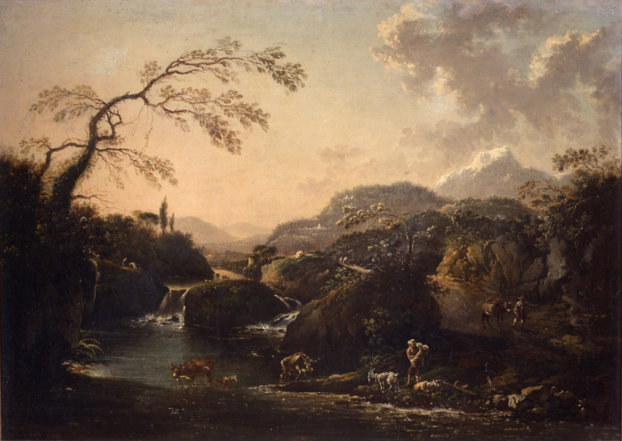 Italianate landscape with a river, a herder with cows and a traveller on a country road