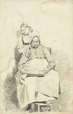 Jonge vrouw staande achter een zittende lezende oude vrouw by Pieter van Loon