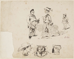 Karikaturale koppen en een echtpaar met zoontje(?) by Pieter van Loon