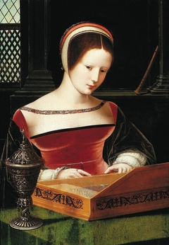 Lady playing a clavichord. by Master of the Female Half-Lengths
