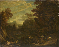 Landscape with travelers resting on the side of a road