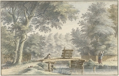 Landschap met een brug waarop een hengelaar by Gerard van Rossum 1698-99-1772