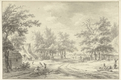 Landschap met enkele boerderijen en figuren by Egbert van Drielst