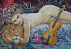 Lion, a woman and a violin