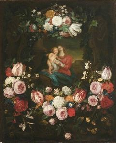 Madonna and Child set in a Garland of Flowers