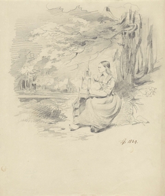 Meisje met vogelkooi, zittend in een landschap by Pieter van Loon
