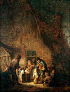 Peasants sitting and drinking in a barn with a dog by Adriaen van Ostade
