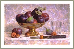 Plums and fig in brass plate, nuts, knife, a glass of water