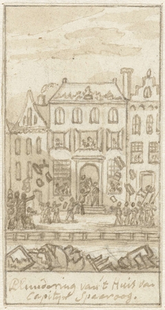 Plundering van het huis van kapitein Spaaroog tijdens het Aansprekersoproer te Amsterdam, 1696 by Simon Fokke