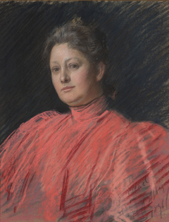 Portrait of Mrs. Abbey in pink dress, waist length by Edwin Austin Abbey