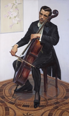 Portrait of musician Piotr Chmielewski with a cello. by Michał Wiktor Czepita