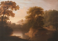 River Landscape with Castle, Herdsman and Cows by Anonymous