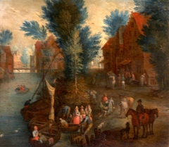 River Scene with Passengers Embarking and Disembarking by style of Jan Brueghel the elder