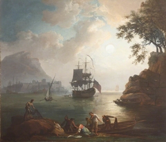 Rocky Bay with Shipping and Fishermen with their Nets on the Shore by Anonymous