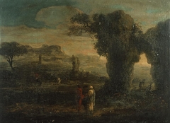 Rocky landscape with three travellers by Anonymous