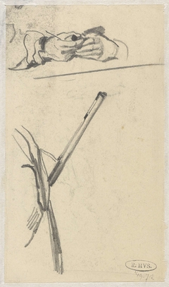 Schets van een paar handen, ransel en geweer by Guillaume Anne van der Brugghen