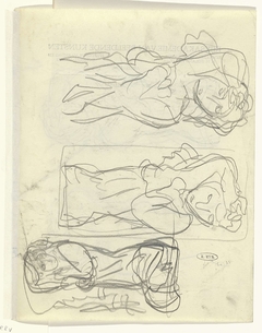 Schetsblad met drie naaktstudies op briefpapier van Roland Holst (als hoogleraar-directeur van de Rijksacademie van Beeldende Kunsten) by Leo Gestel