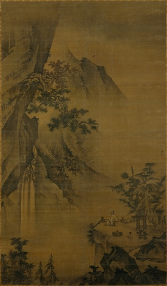 Scholar looking at a waterfall by Zhong Li
