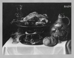 Still- life: Roasted turkey and dishes by Lodewijk van der Helst