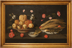 Still life with fruit, vegetables and flowers