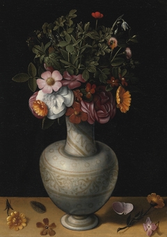 Still Life with Wild Roses, Peonies and Other Flowers in a White Earthenware Vase